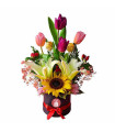 BOX OF TULIPS, SUNFLOWER AND LILY