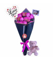 BOUQUET OF 12 FUCHSIA ROSES WITH TEDDY AND BALLOON.