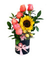 BOX WITH PINK ROSES,  SUNFLOWER AND CHOCOLATE