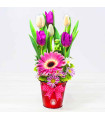 RED CONTAINER WITH TULIPS